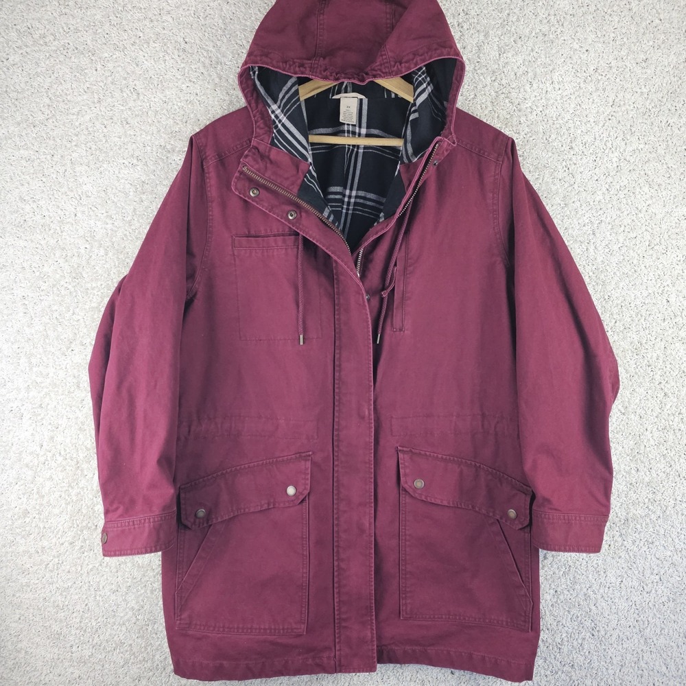 Duluth Trading Womens CAN-DO Canvas Hooded Plaid Lined Jacket Maroon Sz 2X